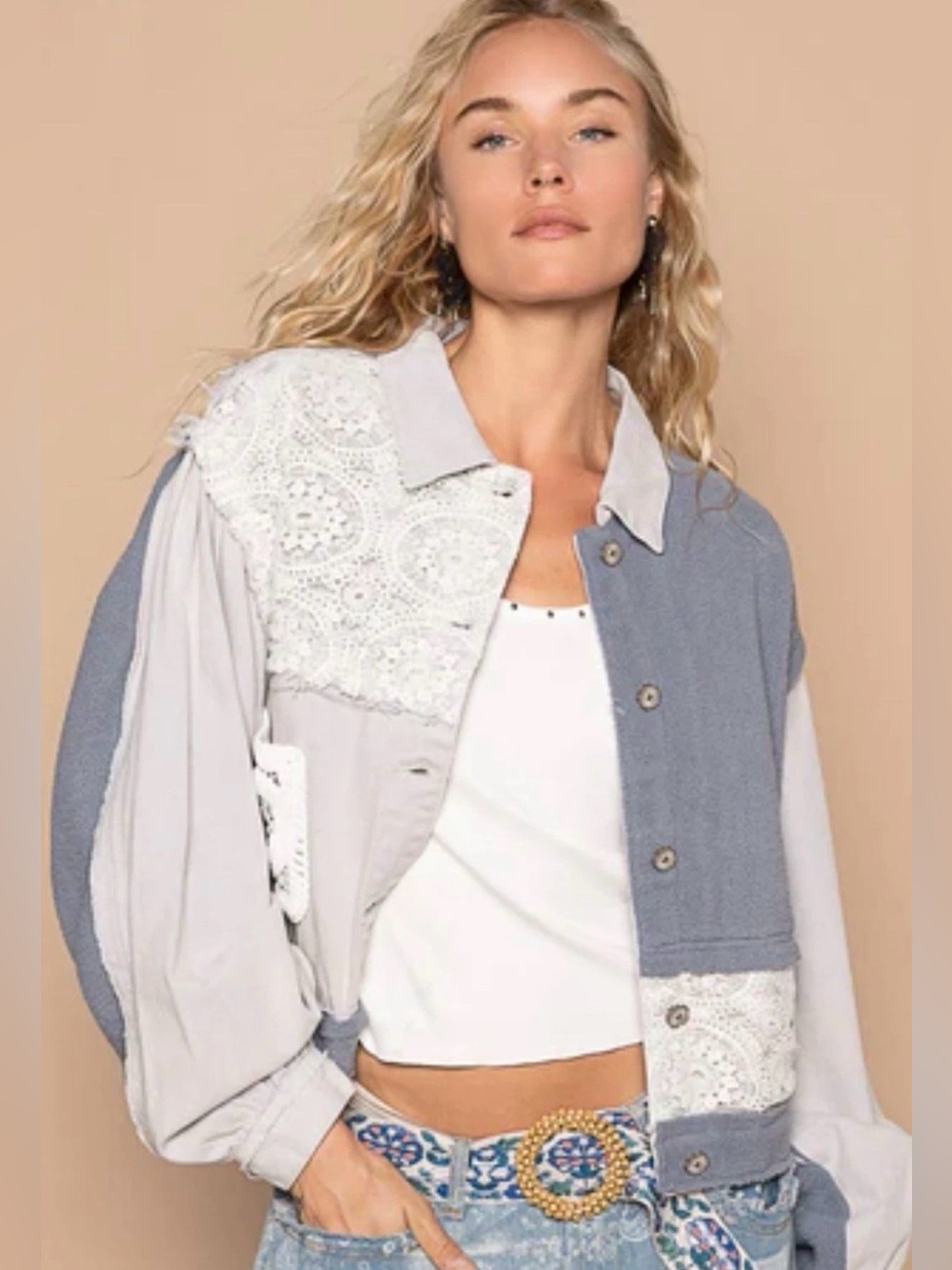 POL denim jacket white lace panels patchwork design contrasting balloon sleeves